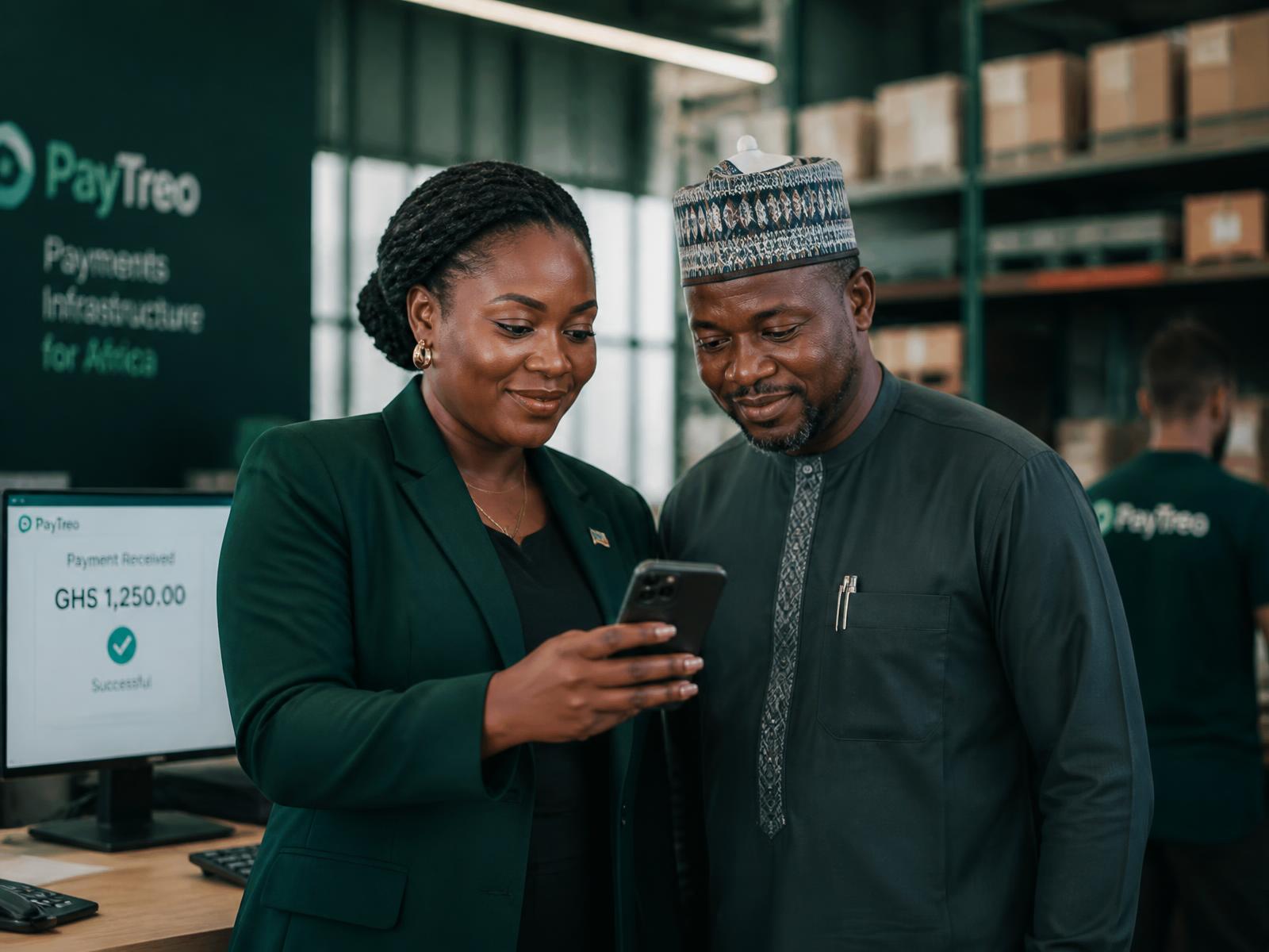 Business partners in Nigeria and Ghana confirming a cross-border payment on a phone